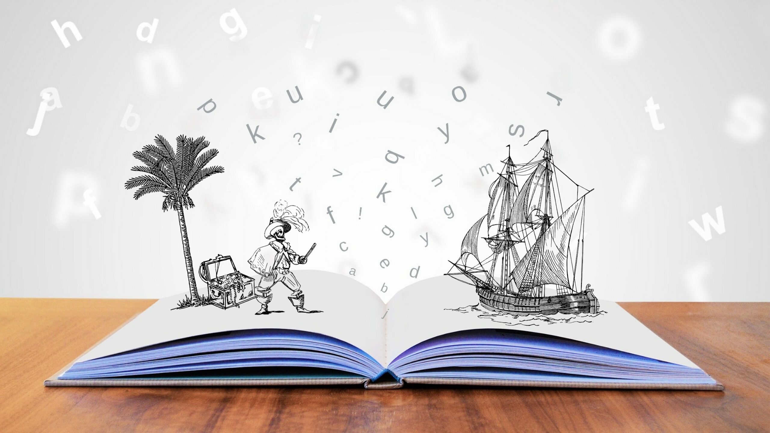 Aufgeschlagenes Buch mit Karikatur eines Piraten und eins Segelschiffs